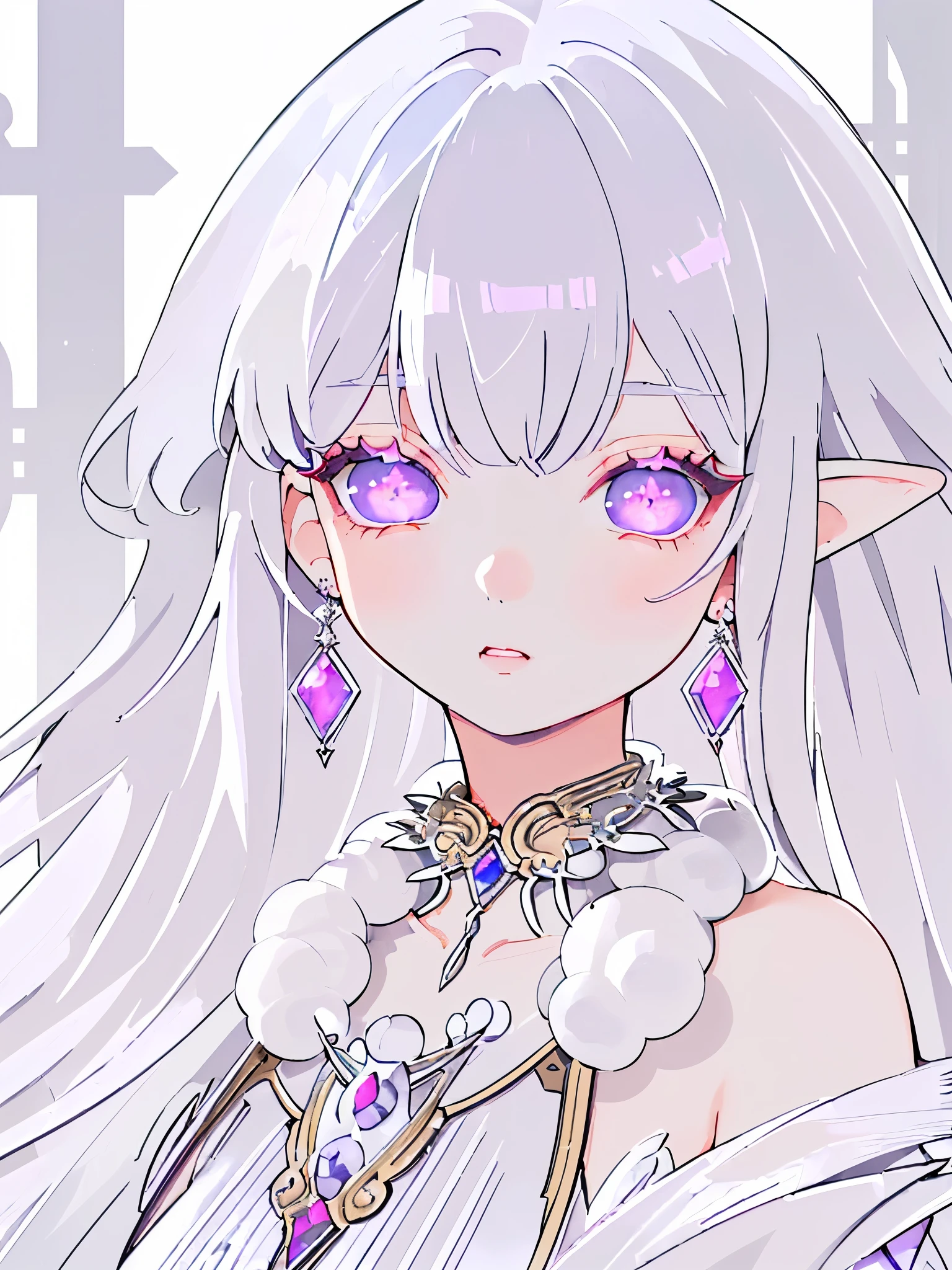 A asian girl, silver hair, purple eye, silky white dress, long hair, soft makeup, at forest, beautiful eyes, soft skin, big breasts, detailed, detailed dress, earrings and necklace, hime cut hair, appealing dress, princess, beautiful girl, glossy lips, beautiful soft hair, bangs, appealing chest, elf ears
