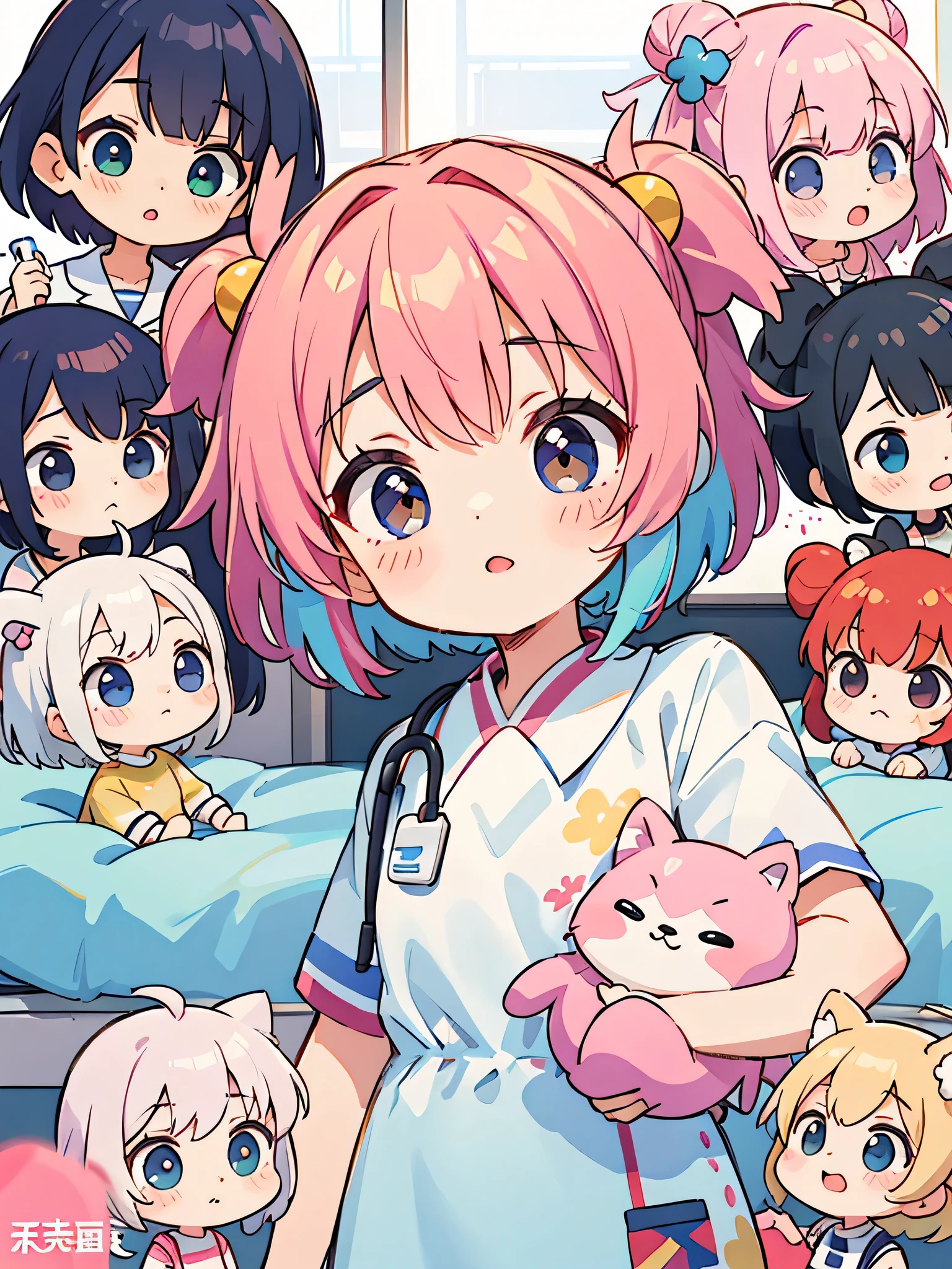 Momoko Sakura style, Kawaii Design, (((10 people)))、most beautiful girl ever、Chibi, Colorful bob hair、((Lots of friends))、hospital room