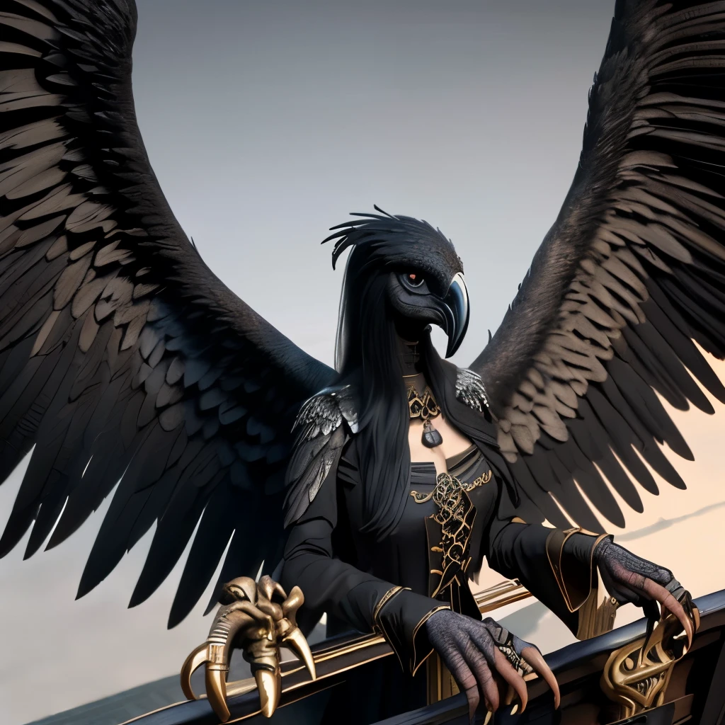 Harpy, black wings, plague doctor mask, cinematic scene, scenery, detailed background, masterpiece, best quality, from above, deck of a ship