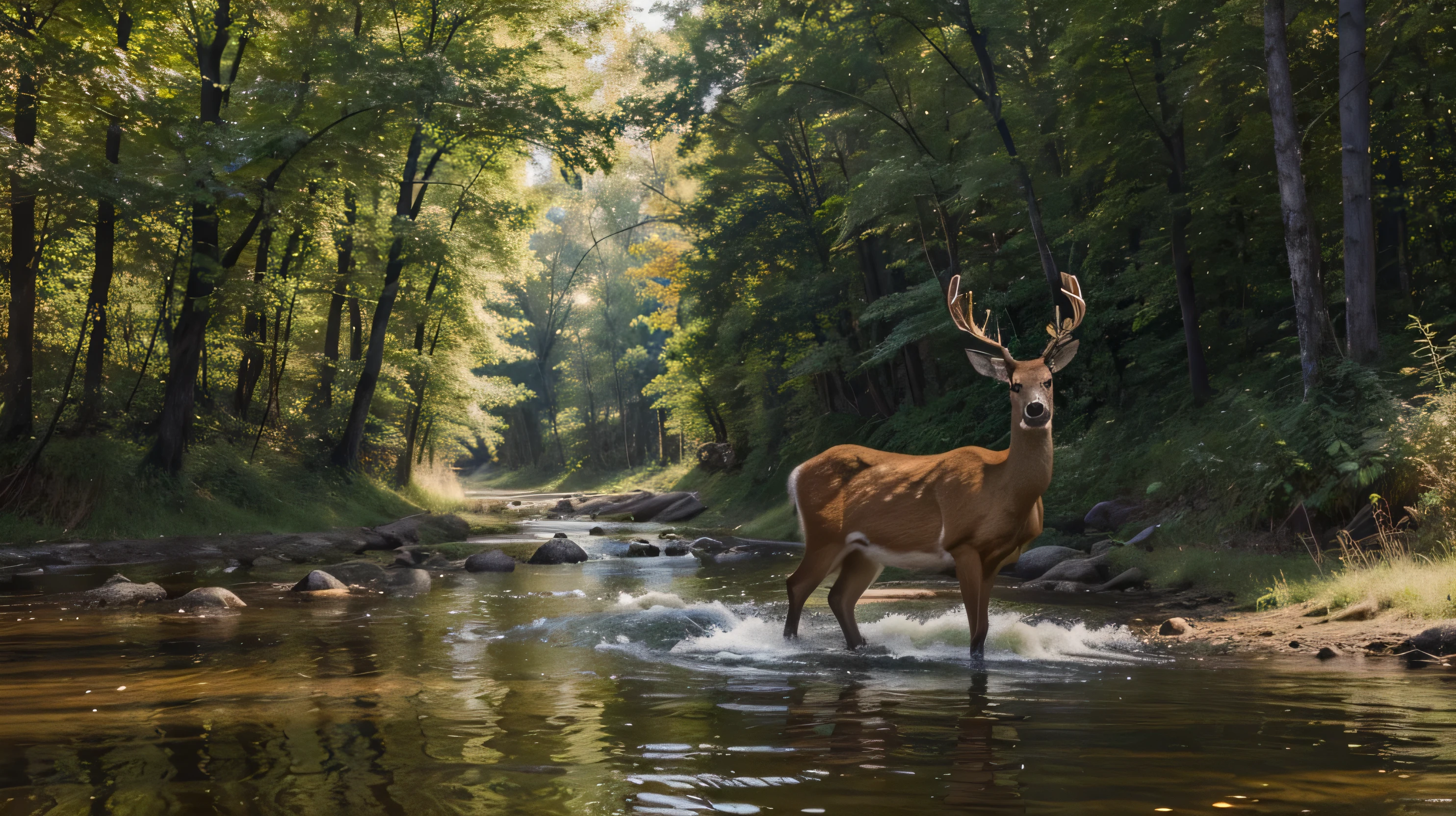 ((best quality)), ((masterpiece)), (detailed),good quiality animal face,facebook page bakground image,background image,hunting,fishing,nature,fauna,river,forest animals,living creatures,1 deer,realistic