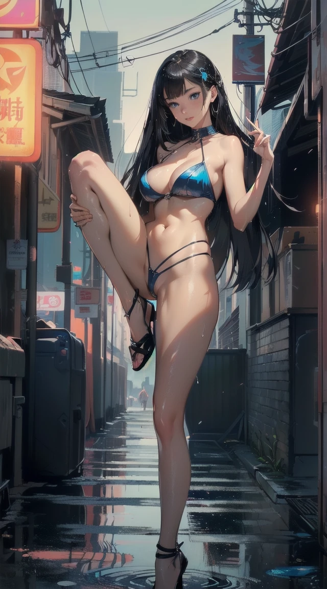 ((Full body shot, cowboy shot, looking at the camera)), cyberpunk girl,(((1 girl))),((cute and beautiful black iaired girl)), (((detailed face, beautiful face, well-groomed face, perfect face))) (big breasts:1.4),saggy breasts,myself,((Hair Bangs:1.3))),((straight hair:1.3, スーパーstraight hair, long hair:1.5)),((very beautiful hair, スーパーロングstraight hair,heavy bangs)),(((blue eyes:1.3))), very beautiful eyes, (((Glossy skin:1.5,bright skin: 1.5,tanned skin,shiny skin,とても shiny skin,shiny body,plastic glitter skin,exaggerated shiny skin,illuminated skin,wet feet))),(belly button, tight waist,wide hips,sports body,long thin legs,detailed body), ((detailed face)), cute,slutty,erotic,((NSFW)), Absolute area, disorganized,long legs,fine legs,cleavage,(((とても露出度の高い黒色のeroticラテックススーツ))), ((super high leg:2.0)) (((Lewd pose to tempt a man:1.5))), (in the center,Scale to fit,Rule of thirds), Cyberpunk city by the sea at night, with bright ネオン signs and dark stormy clouds and puddles, scenery:1.25, art photography,(Photo taken by sldr),High resolution, sharp focus, (super detailed, very detailed), (realistic artwork:1.37),(very detailed CG unity 8k wallpaper),((Synthwave background theme)),(((Bright colors))),(complex background),(masterpiece),(highest quality),