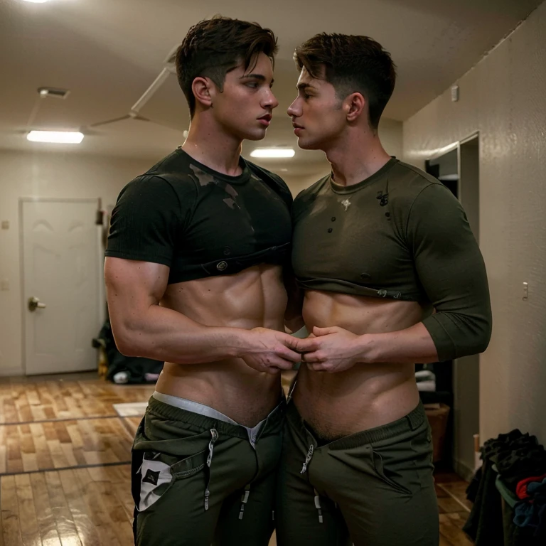 Two handsome men with athletic bodies, they were wearing military pants, shirts and shoes, they were hugging each other, their lips were kissing each other, They stood hugging each other and rubbing their manhood bulges together