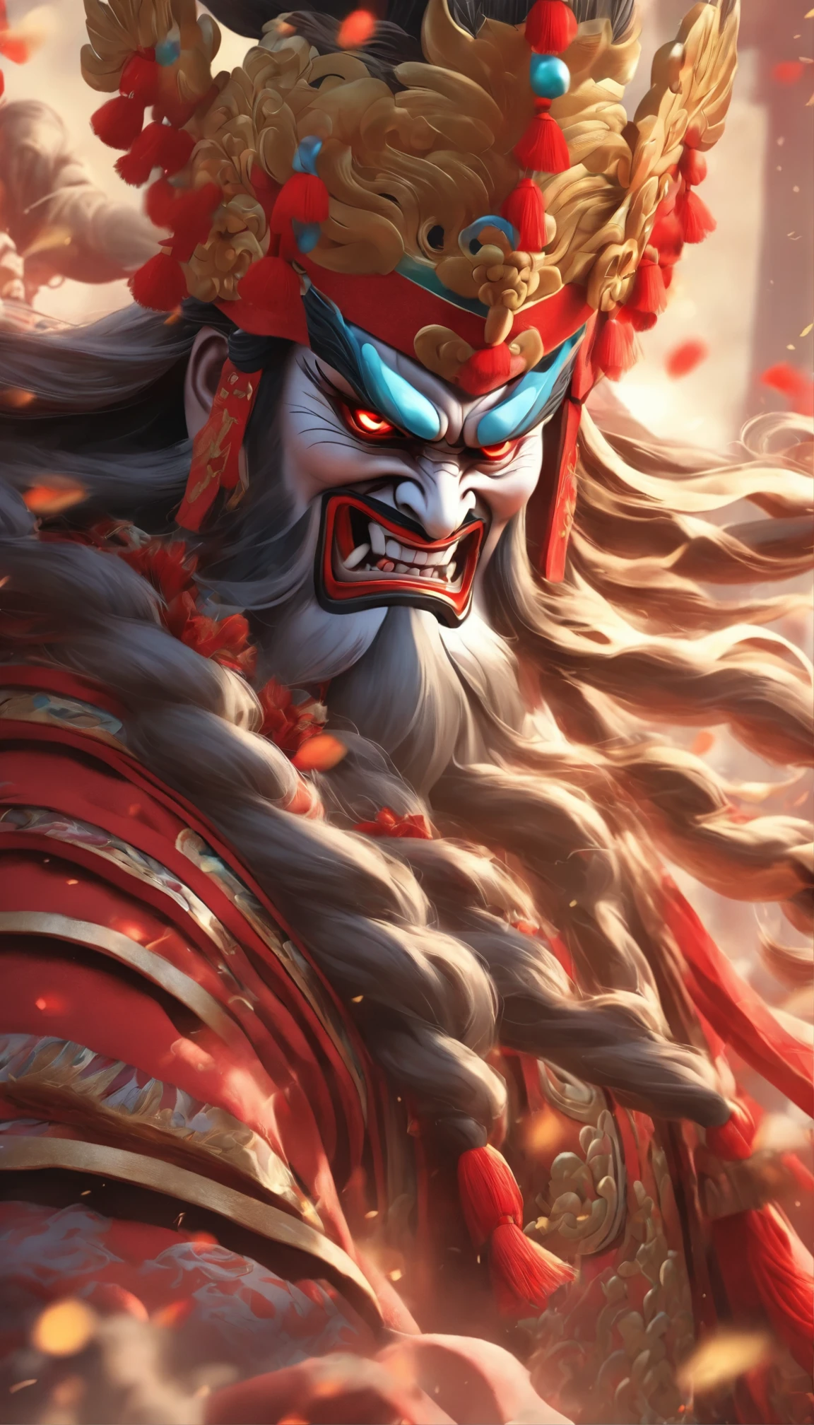 Chinese style,中国drama,Peking Opera Costumes,Guan Yu costume,drama ,red,medium shot the scene is,Super fine,Super detailed,high quality,8K ,Focus sharply,highly detailed surreal vfx,oc rendering, - AR 16:9 --q 2 --s 1000,Angry Zhong Kui