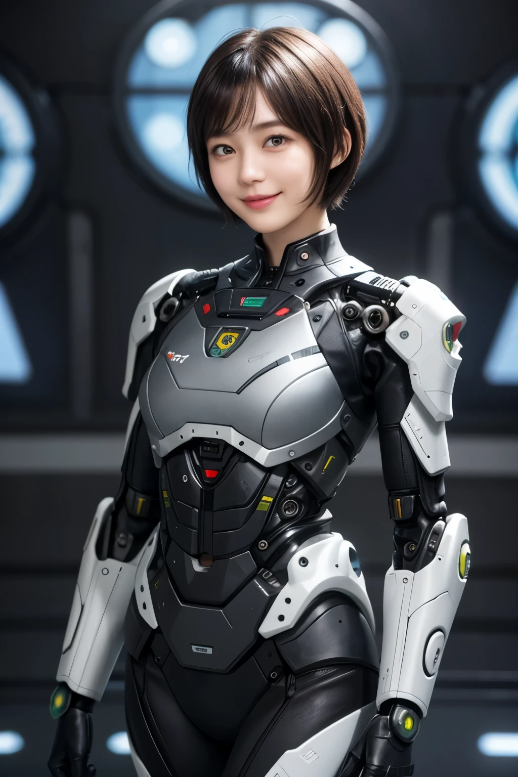 207 Short Hair, 20 year old female, Floral, gentle smile, futuristic clothes, mechanical suit