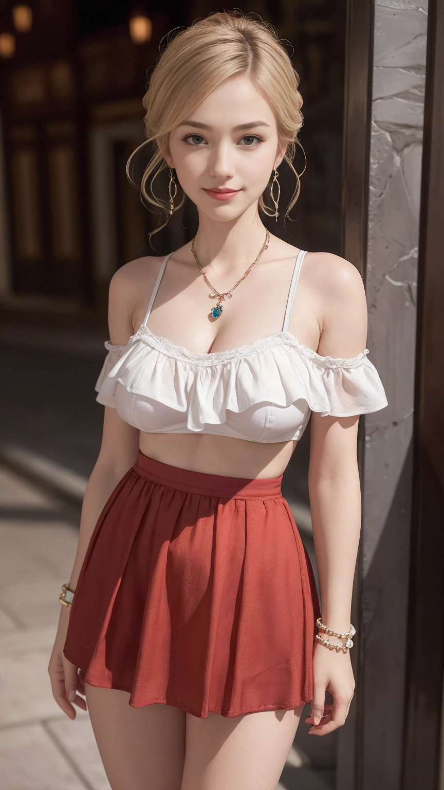 ((最high quality, 8K, masterpiece: 1.3, Ultra HD, high quality, 最high quality, High resolution, realism)) 、25 year old white woman、platinum blonde、blue eyeedium long hair、my hair is wavy、smile、Slender but well-proportioned muscular body、I'm wearing earrings、I'm wearing a necklace、Wearing accessories on wrists and ankles、I'm wearing a ring、I don't want my head to disappear from the screen.、Wearing red nail polish、I have a peticure、smile、I'm punching my chest、nice buddy、She's wearing an off-the-shoulder top with frills that reveals her underboobs、She's wearing a mini-length, low-rise pleated skirt、My abs are cracked、I can see my bellybutton、wearing sandals、smile、chest emphasis、cleavage emphasis、I'm in the big square in the old town、lean against the wall、Arms crossed