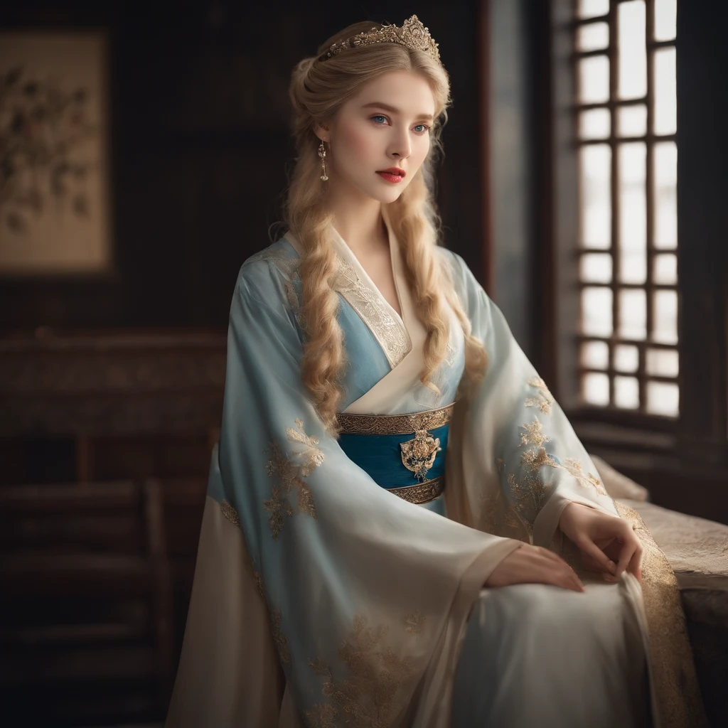 (masterpiece), high-definition Hanfu women, European and American face, perfect face, long blonde hair, blue eyes, very charming.