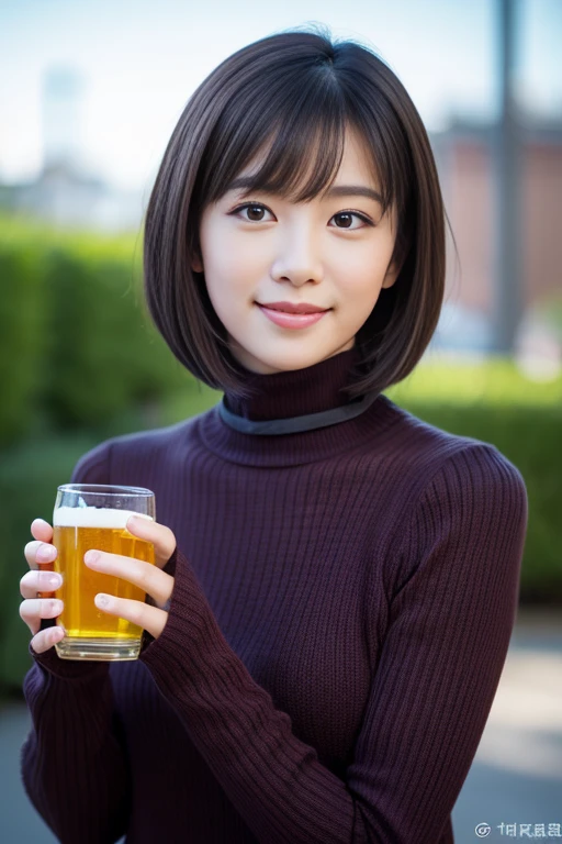 (8K, Raw photo, highest quality, masterpiece:1.3), (realistic, photo-realistic:1.4), (Highly detailed 8K wallpaper), sharp focus, Depth of written boundary,
japanese idol,very cute,(baby face), (long sleeve、turtleneck:1.3),(bob cut : 1.3), look at us and smile, Upper body, highly detailed face and eyes,((shiny skin:1.2)), cinematic lighting, soft light, blur background, Via、Toast with a beer mug)