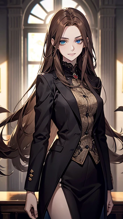 (highest quality,High resolution,Super detailed),1 girl, Beautiful and detailed light blue eyes, brown hair, cold smile,Resentment,Resentful,Straight long hair tied back, wearing a black suit, mature woman, 25 years old,Cruel smile, calm and calm, slender body shape, pale complexion, thin, calm, in the conference room.secretary
