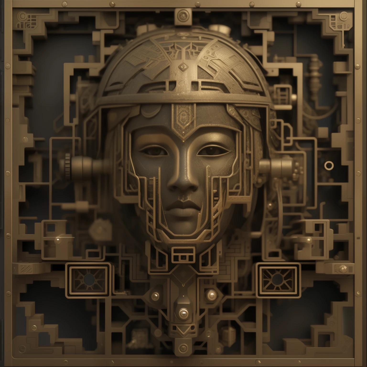 a black mask on a black background with a pattern, portrait of metallic face, detailed Symmetrical face, intrincado rosto detalhado, symmetical face, rosto intrincado, greeble, abstract fractal automaton, feito de metal intrincado e madeira, greeble!!, art deco shaman, Symmetrical face, Steampunk tribal mask, greeble tech, Estilo Maia, simetrical face, circuitos, musgos e raizes
