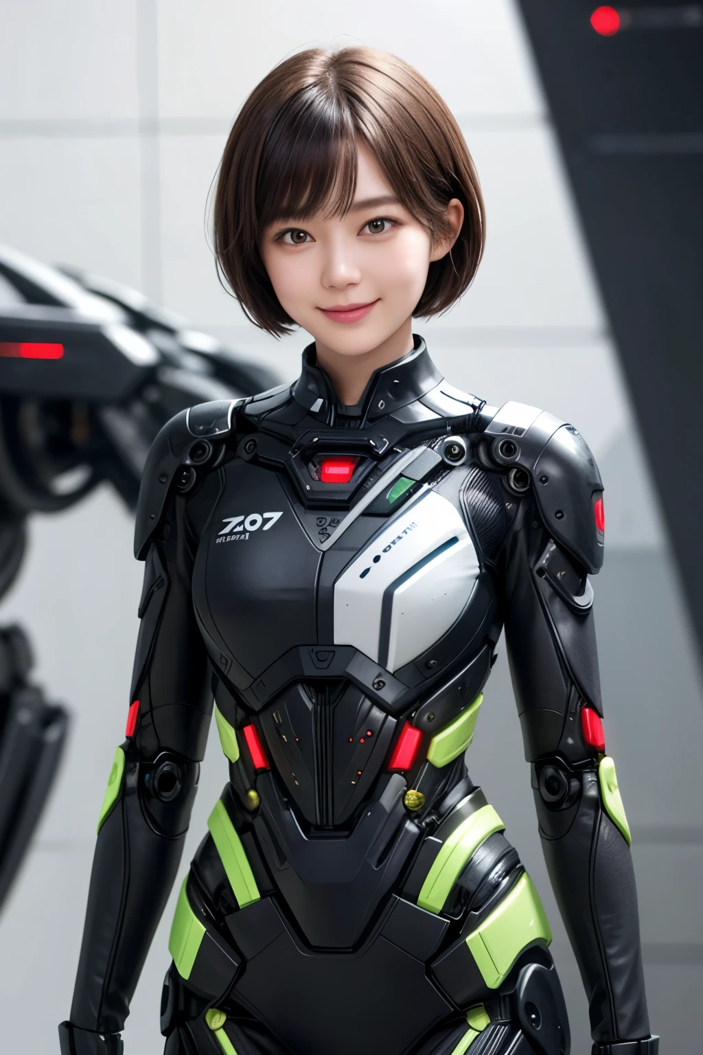 207 Short Hair, 20 year old female, Floral, gentle smile, futuristic clothes, mechanical suit