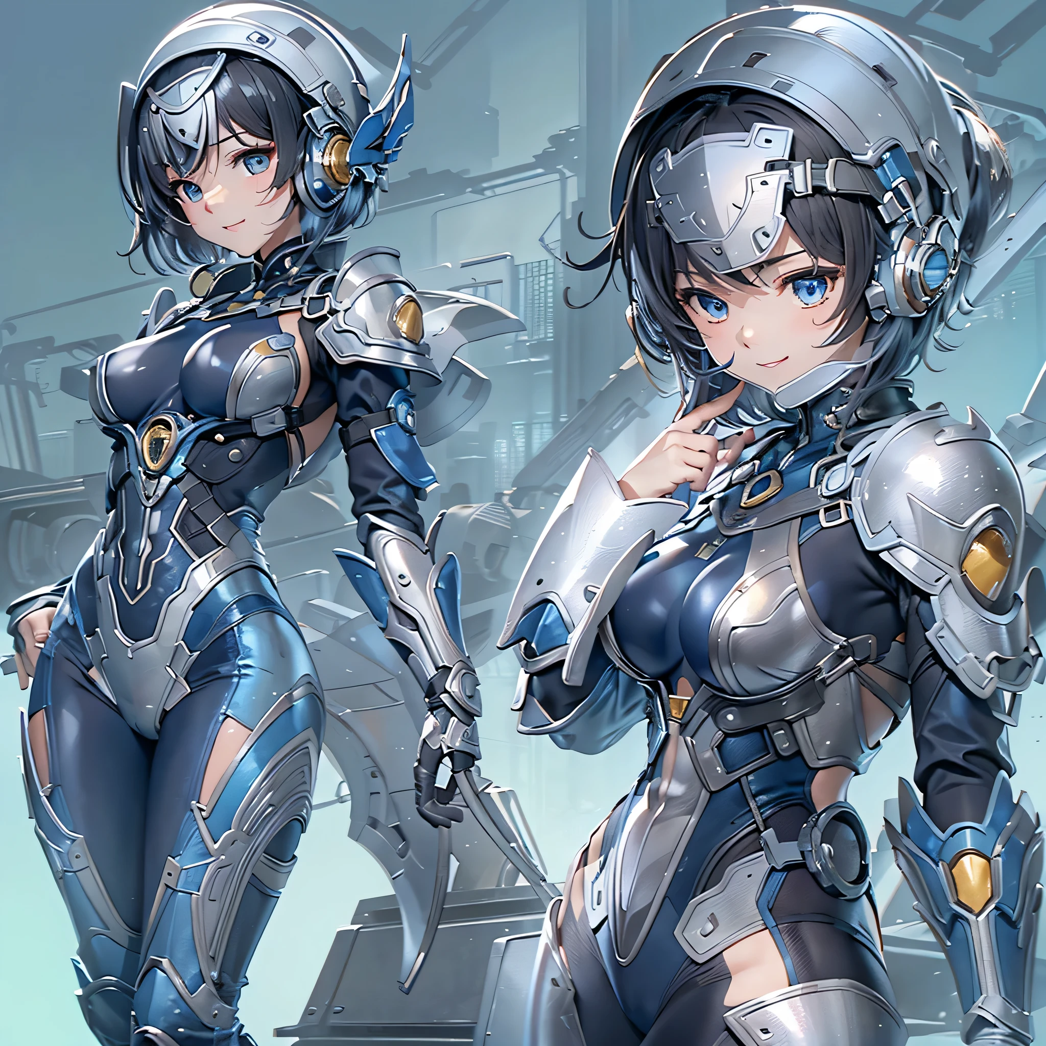 (masterpiece、highest quality、highest resolution、clear_image、detailed details、Angle from above): (full body figure、One 20 year old girl、Japanese faces、small face、Slender、Navy blue super short bob cut hair、(hidden small breasts:1.3)、sparkling blue eyes、Shiny pilot suit in blue and black colors、armor that protects the chest、tight fitting clothes、clothes that cover the whole body、shiny clothes、tight fit pants、hide the skin、very delicate and beautiful、detailed skin、hide thighs、Hide your ass、cute type、gentle smile、soft expression、heroine、headset、Knee-high boots、gloves up to the elbow、eye level shot、facing directly、woman on a spaceship)