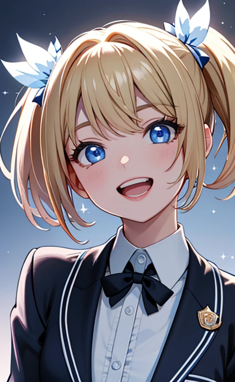 (masterpiece、top-quality、8k size wallpaper、offcial art)、(portrait,upper body:1.6)、(1girl),(very loud laugh,Open mouth:1.3),(half closed eyes),cute face,blue eyes、(short twintails)、
,(stand),(Shining smile),(Sparkling:1.2),
,(slender),(school uniform),(long fluorescence blonde hair1.3), (small breasts)、
、fluorescence、classroom,JK、