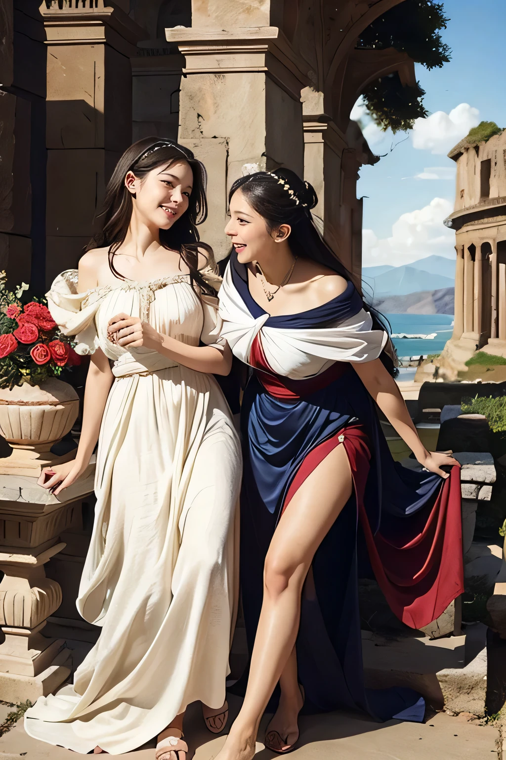 full body portrait or statue、Giorgione painting style,Arguments of two female Philosophe,math、astronomical machine、astronaut、roses in vase、fruits、Cute trinkets、smile、ancient greek costume、Ancient Roman landscape in the style of Nicolas Poussin,laughter,,Sweet and seductive appearance.、Caravaggio's paintings、Chiaroscuro of Caravaggio、hair tousled by the wind,Two women frolicking,cute smile, expression of ecstasy,Sexy,erotic