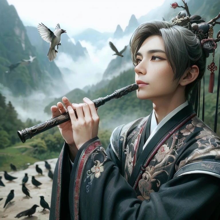 (Best Quality:1.2), (high resolution:1.2), (beautiful face and eye:1.2), (sharpest focus:1.2), (Ultra-realistic Photo:1.2), (Ultra-precise Photo:1.2), (Depth of field:1.2), (8k high resolution:1.2), (perfect anatomy:1.2), (nice hands:1.5),
(perfect hands:1.5), (Very young and masculine and dignified and beautiful Chinese male:1.5), (Beautiful nobleman:1.0), (A beautiful nobleman:1.0), (A shiny black hermit-like garment with fancy embroidery:1.0), (A gentle smile:1.3),
(Playing an iron flute:1.5), (A secluded hermit-like place deep in the mountains of China:1.0), (A mysterious fairyland:1.2), (Birds and animals gathered to listen to the sound of the flute:1.3), (Looking up angle:1.0),