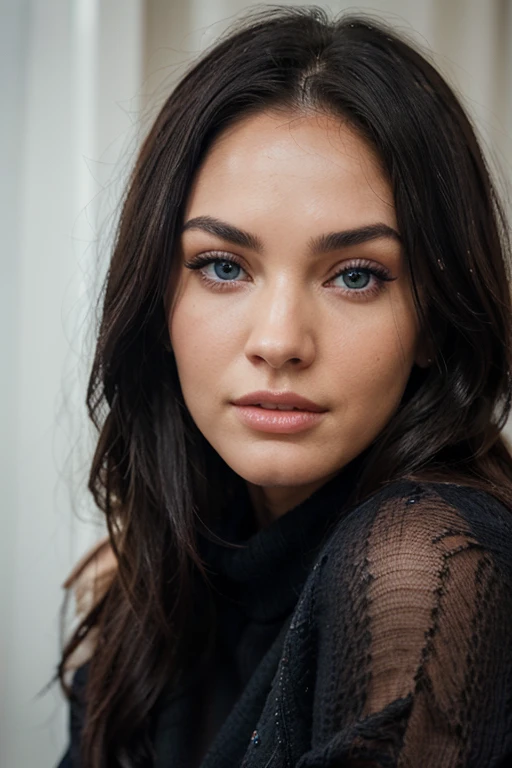 A close-up of a sweet woman wearing a Black sweater, inspired by Megan Fox, taken with a Nikon D850, 50mm F/5.6 lens in 8K resolution. The stunning lifelike blue eyed woman stands in the center, the stunning model, with her black hair falling elegantly over her shoulders. The photographer captures her tender and captivating gaze, biting her lips 8K --ar 9:16 The girl has a red sweater size XL, without bra or pants