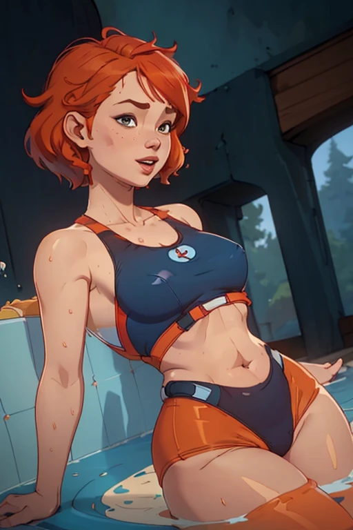 Solo, fat white girl, 1girl, standing, (short asymetric natural red-orange hair, (curly bob cut hair)), ((((skin tight blue one-piece bathing suit in blue color))), belly button, showing camletoe and nipple silhouette), forest cobble path, wide seductive lips, smirking, skin, fat nose, high detailed face, 4k, sitting on poolside, looking at camera , camletoe, ((small breasts), super wide hip, (fat waist), ((chubby body)), inflated legs,thick thighs,(detailed face)),beautiful detailed lips, cute,slutty,sensual,seductive look,seductive, smiling, open mouth