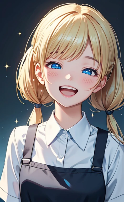 (masterpiece、top-quality、8k size wallpaper、offcial art)、(portrait,upper body:1.6)、(1girl),(very loud laugh,Open mouth:1.3),(half closed eyes),cute face,blue eyes、(short twintails)、
,(stand),(Shining smile),(Sparkling:1.2),(Sparkling:1.2),(Sparkling:1.2),
,(slender),(school uniform),(long fluorescence blonde hair1.3), (small breasts)、
、fluorescence、classroom,JK、
