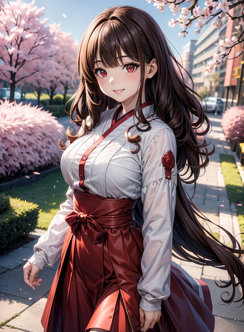 beautiful features、Japanese、brown hair、((curly hair、red eyes、Drooping eyes:1.2))、shiny smooth hair, thick bangs、(bright smile:1.2), ((Image Processing Algorithms：1.2))、highly detailed eyes, highest quality, Ultra HD, Beautiful and vivid illustrations、high contrast、Tonal correction、Ultra-realistic oily and shiny skin, Super fine, High resolution CG Unity 8K wallpaper, Raw photo, precise fingers, anatomically correct, spring outfit、Cherry blossom trees、Spring sunshine、spring breeze、