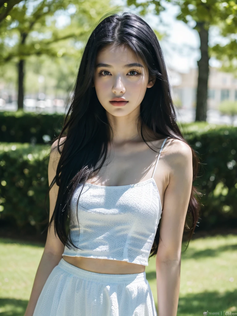 ( masterpiece, top quality, best quality,8k,17 years old girl,ultra detailed,raw photo:1.5),(photorealistic:1.4), (long black hair:1.5), (cinematic lighting), PerfectNwsjMajic, , Surrealism, UHD, ccurate, Super detail, textured skin, High detail, Best quality, dynamic angle, (high nose,White skin),[Beautiful blue eyes],[flat chest:large breasts:0.5],(1girl),(good anatomy:0.5)),(outside:1.5),