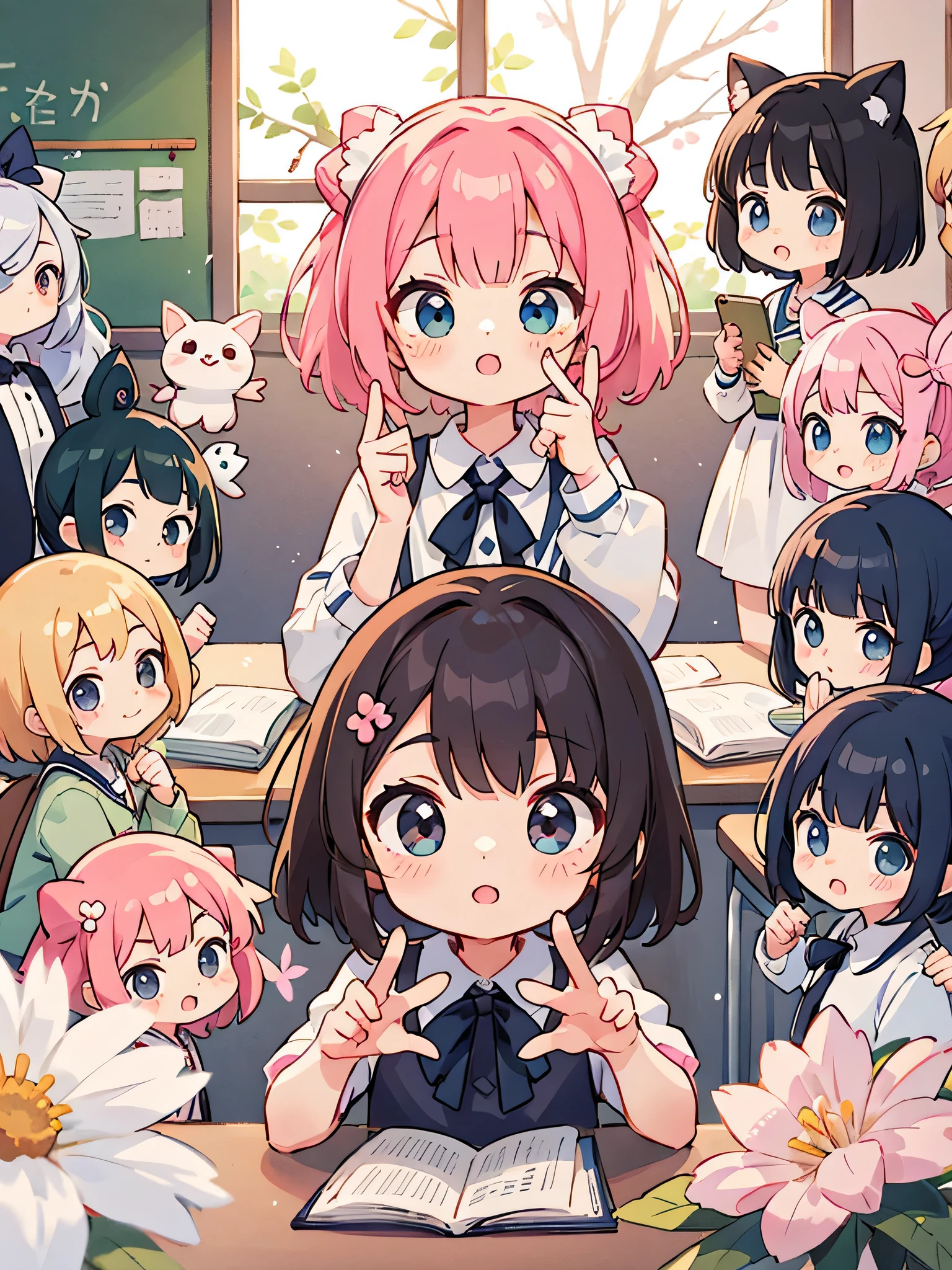 Momoko Sakura style, Kawaii Design, (((10 people)))、most beautiful girl ever、Chibi, Colorful bob hair、((Lots of friends))、classroom