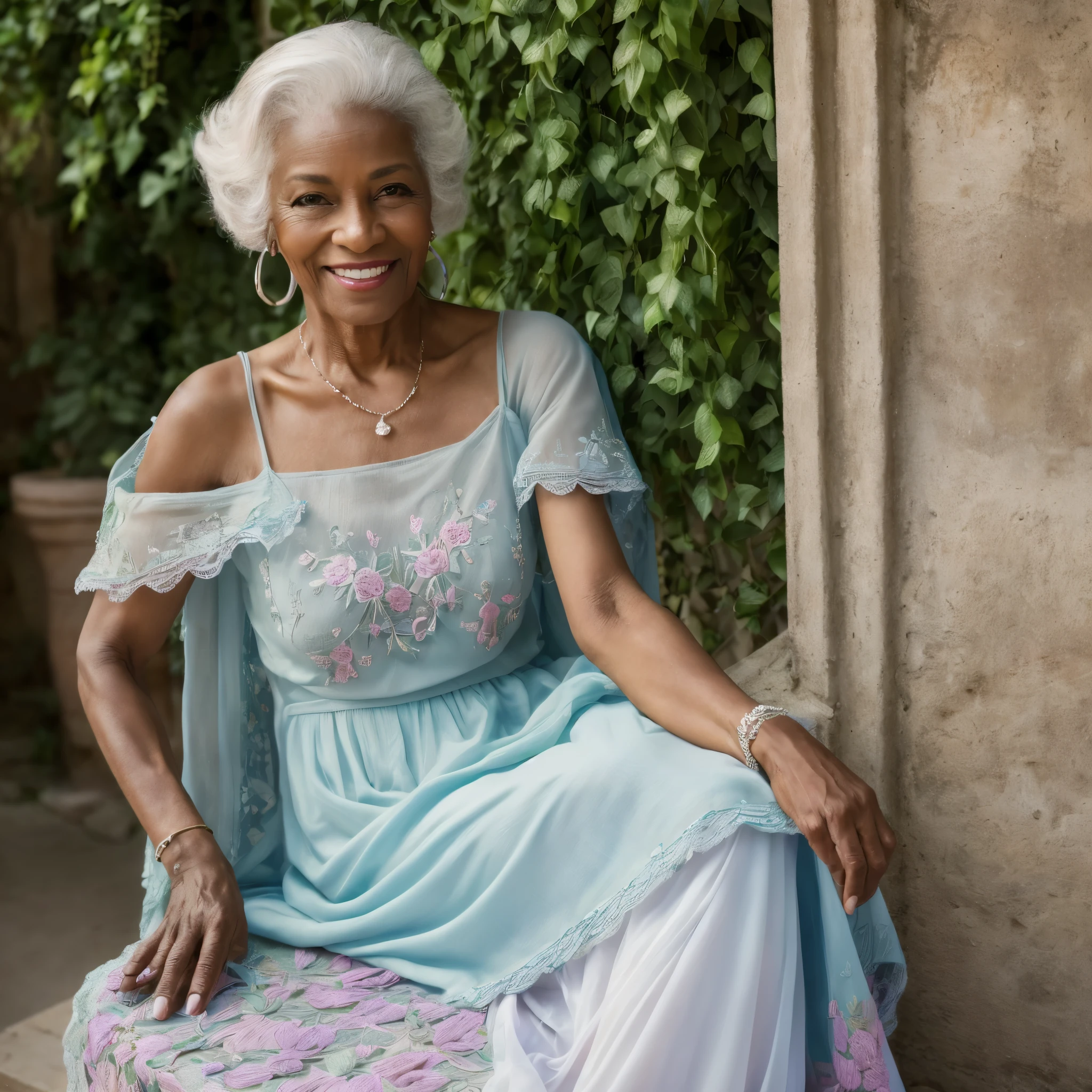 paparazzi photo of a cute 70 year old caribbean woman, athletic body, realistic hands, in sassi_di_matera, standing outdoor in the town of Matera, 1woman, (solo woman), ((full body portrait)), red lips, mature women, cosmetic, big eyes, beautiful eyes, ((the woman is busy sewing an embroidered white tablecloth)), ((whole body)), ((Random shooting angle)), (best quality, masterpiece:1.2), Super detailed, (actual:1.37), beautiful, sage, Charming sage woman with (delicate eyes, Detailed lips, extremely delicate eyes), colorful shawl on the shoulders, Bordeau shirt, show a bright smile, Create stunning woman images, Warm colors, Extremely high color saturation, official art, Extremely detailed CG unified 8k wallpaper, (high dynamic range :1.4), (cinematic), (pastel colors, dull color, soothing tone :1.3), (natural skin texture, ultra-actual, soft light, sharp), (Very detailed), night, moonlight, In an antique court, Sitting on the bench against a tuff wall, ivy, climbing plants on the walls