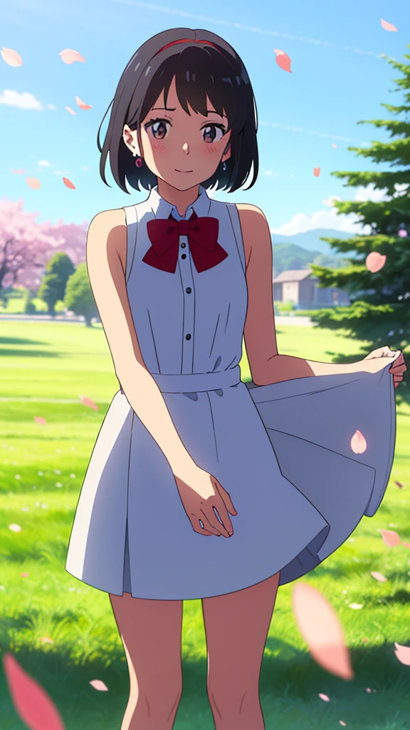 shinkai makoto, kimi no na wa., 1girl, bangs, black hair, blush, round eyes, bright eyes, brown eyes, red headband, red bow, red ribbon, short hair, shinny hair, smile, open mouth, cute, beautiful, shiny skin, looking at the viewer, solo, cute girl, white dress with cherry blossoms, bare shoulders, earrings, cherry_blossoms, falling_petals, petals, branch, pink_flower, blue_sky, spring_season, perfect hands. holding_flower, wind, tree