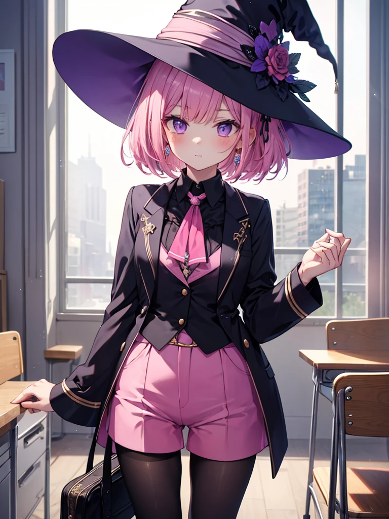 ultra detailed face,2people,hold hand,class room,
1of2:small girl, girl wearing Formal-style purple witch clothes,purple_hat,purple_bob_hair,pantyhose,passive,look down,fragile,
2of2:gyaru girl wearing pink_witch_clothes,pink_hat,pink_red_wavy_bob_hair,hot pants,