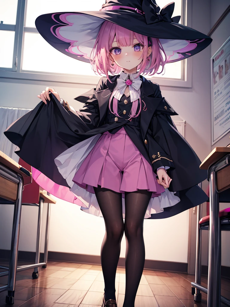 ultra detailed face,2people,hold hand,class room,
1of2: girl, girl wearing Formal-style purple witch clothes,purple_hat,purple_bob_hair,pantyhose,passive,look down,fragile,
2of2:gyaru girl wearing pink_witch_clothes,pink_hat,pink_red_wavy_bob_hair,hot pants,