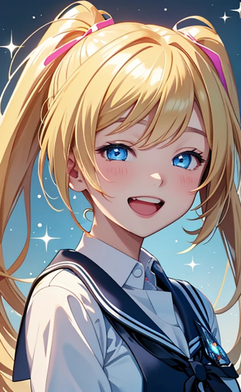 (masterpiece、top-quality、8k size wallpaper、offcial art)、(portrait,upper body:1.6)、(1girl),(very loud laugh,Open mouth:1.3),(half closed eyes),cute face,blue eyes、(short twintails)、
,(stand),(Shining smile),(Sparkling:1.2),(Sparkling:1.2),(Sparkling:1.2),
,(slender),(school uniform),(long fluorescence blonde hair1.3), (small breasts)、
、fluorescence、classroom,JK、
