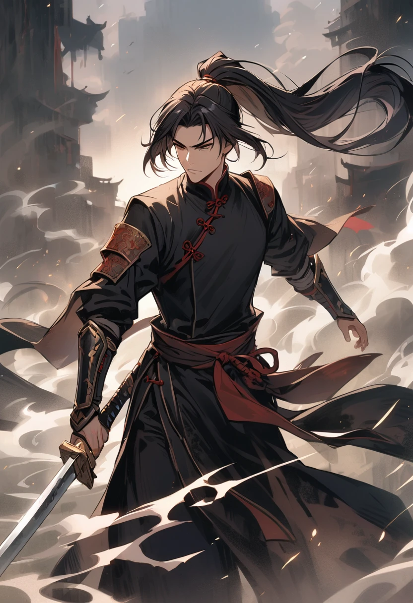 make a young and strong fighter, He is muscular and has long hair and wears a kimono with ripped sleeves., he will be walking through a grassy terrain with a castle in the background, and the strong wind blowing, he walks in front of us