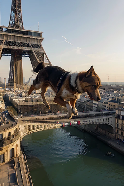 perro volando sobre la torre ifel en marte