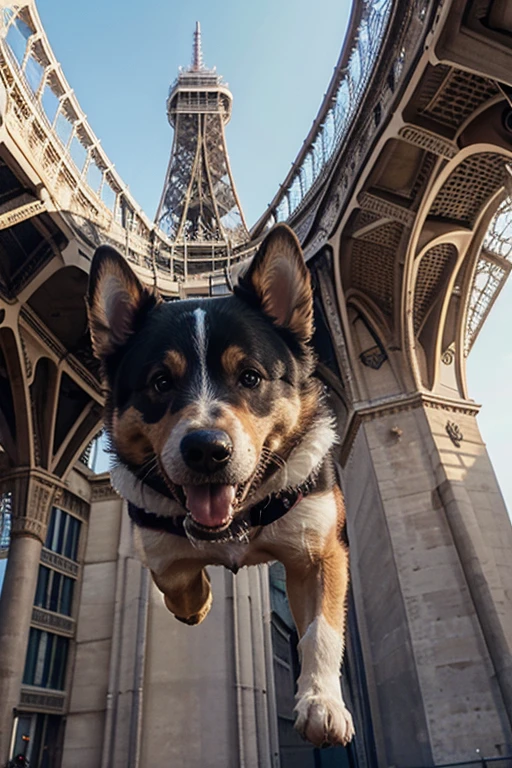 perro volando sobre la torre ifel en marte