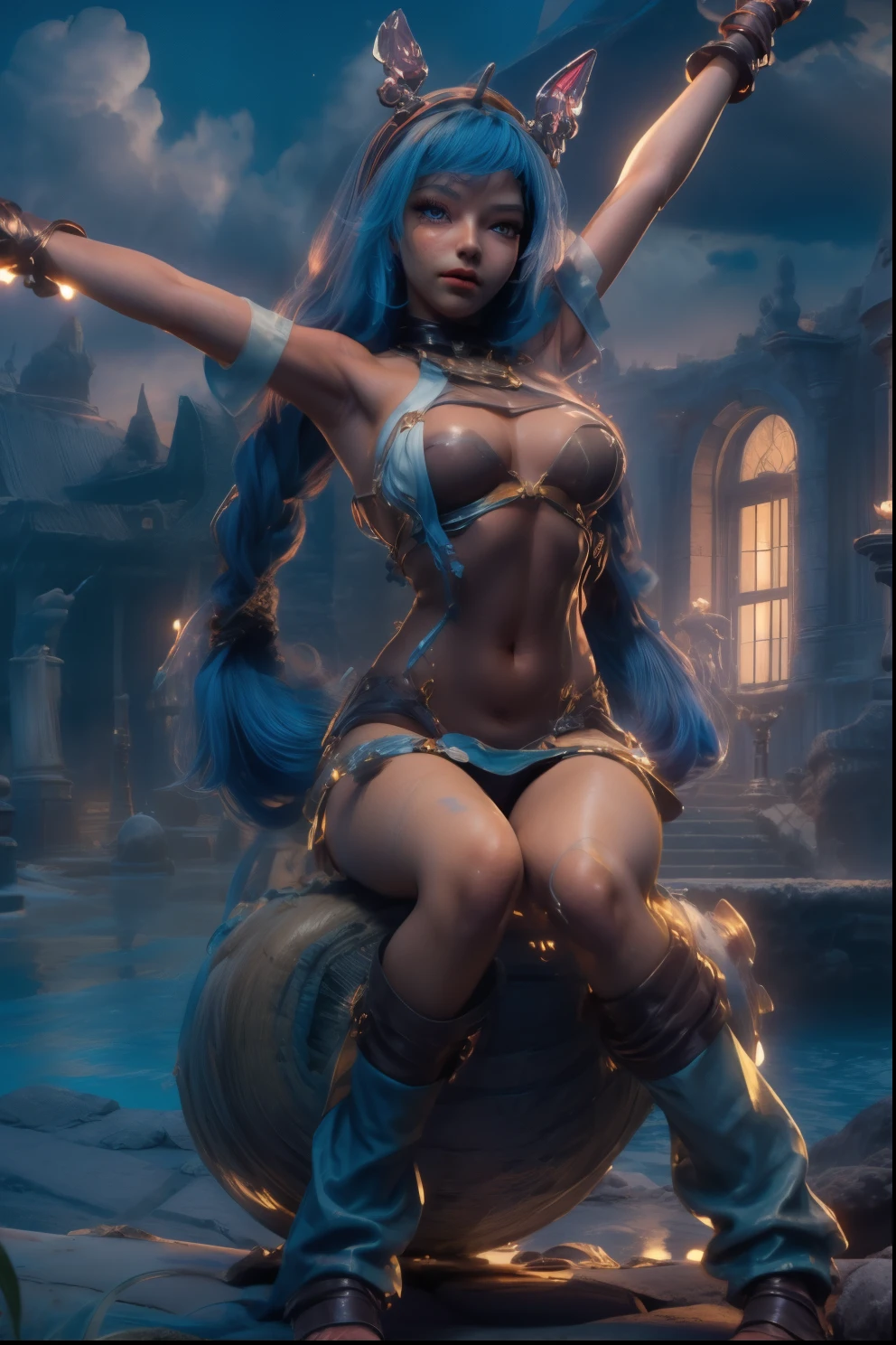 (maximum resolution: 1.2), (Ultra HDTV: 1.2), 8K resolution, Eye and skin detail, detailed facial features, , ( Sharp focus: 1.2）, (Focus focus) exact) facial expression: 1.2), Girl sitting, ( monoglass), (Swimsuit), Bikini, (long hair), blue hair,purple eyes, (Beach), Sea water, Sand, Sunlight, Many coconut trees around.