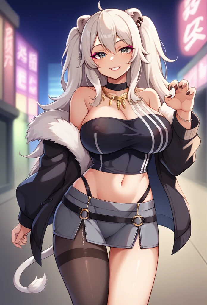 score_9, score_8_up, score_7_up, BotanBase, long hair, two side up, ear piercing, lion tail, necklace, black shirt, sleeveless shirt, midriff, see-trough, grey skirt, single leg pantyhose, pantyhose, fur-trimmed jacket, black jacket, off shoulder, smile, standing, claw pose, fang, BREAK walking, sideview, pink lips, long eyelashes, pink eyeshadow, looking at viewer, pov, outdoors, tokyo \(city\), night time, ganguro, very dark skin, solo, blurry background, city lights, neon lights, white areola, areola slip, covered nipples, bracelet, seductive smile, collarbone, 