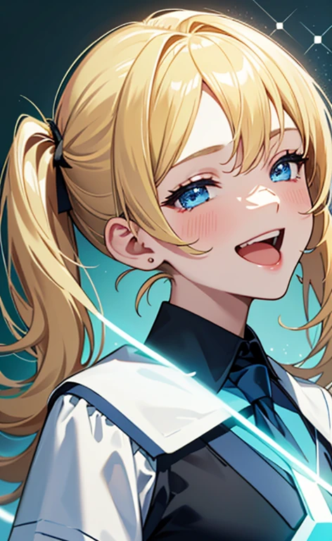 (masterpiece、top-quality、8k size wallpaper、offcial art)、(portrait,upper body:1.6)、(1girl),(very loud laugh,Open mouth:1.3),(half closed eyes),cute face,blue eyes、(short twintails)、
,(stand),(Shining smile),(Sparkling:1.2),(Sparkling:1.2),(Sparkling:1.2),
,(slender),(school uniform),(long fluorescence blonde hair1.3), (small breasts)、
、fluorescence、classroom,JK、