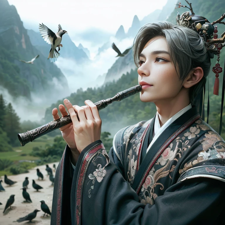 (Best Quality:1.2), (high resolution:1.2), (beautiful face and eye:1.2), (sharpest focus:1.2), (Ultra-realistic Photo:1.2), (Ultra-precise Photo:1.2), (Depth of field:1.2), (8k high resolution:1.2), (perfect anatomy:1.2), (nice hands:1.5),
(perfect hands:1.5), (Very young and masculine and dignified and beautiful Chinese male:1.5), (Beautiful nobleman:1.0), (A beautiful nobleman:1.0), (A shiny black hermit-like garment with fancy embroidery:1.0), (A gentle smile:1.3),
(Playing an iron flute:1.5), (A secluded hermit-like place deep in the mountains of China:1.0), (A mysterious fairyland:1.2), (Birds and animals gathered to listen to the sound of the flute:1.3), (Looking up angle:1.0),