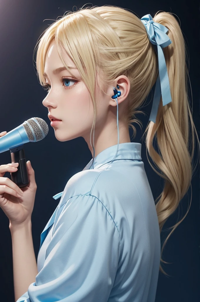 blonde ponytail light blue ribbon Beauty 21age light blue one piece concert microphone earphone live-action
