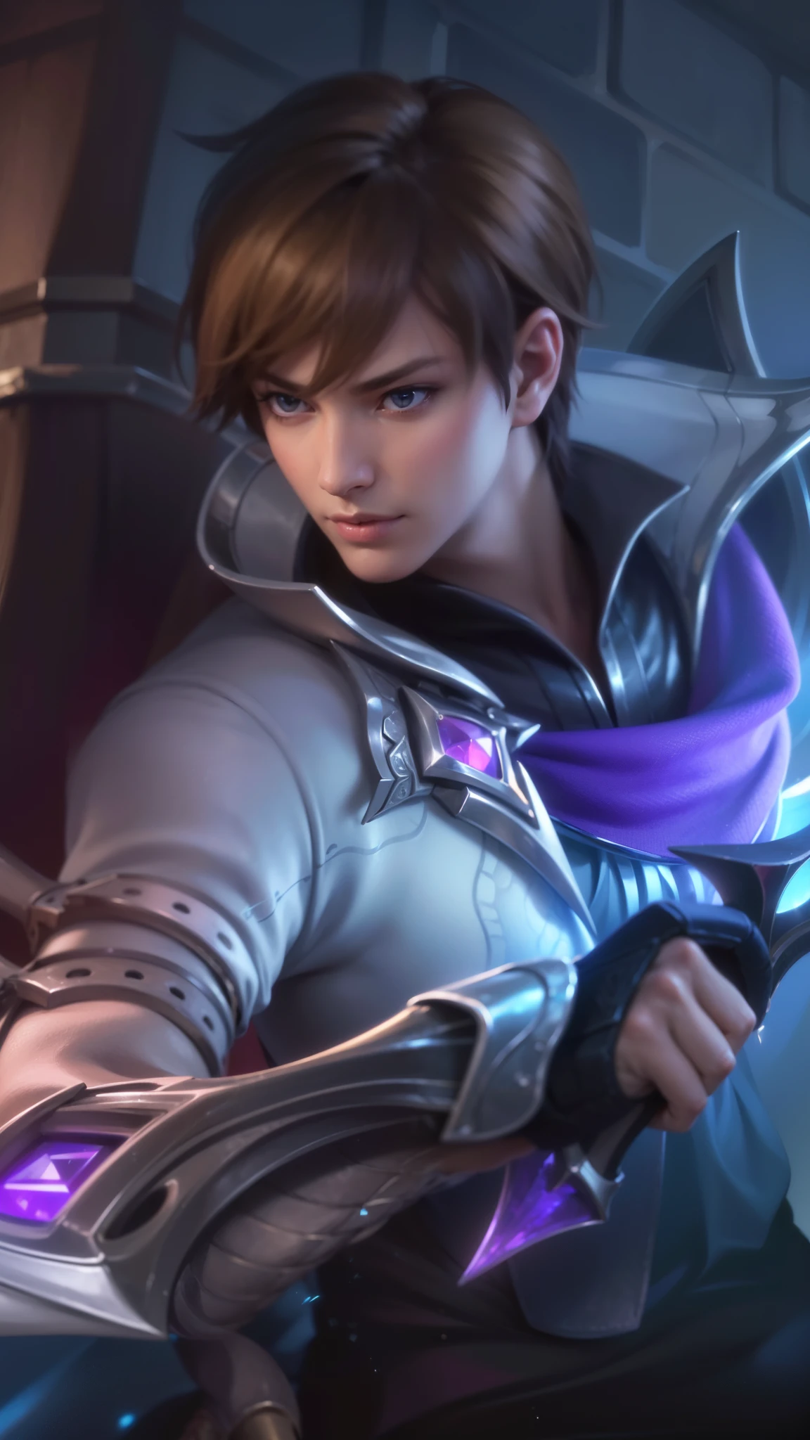 a close up of a boy holding a sword in a room, masterpiece, ((perfect eyes)) best quality, (semirealism:1.9), beautiful lighting, (extremely detailed CG unity 4k fhd wallpaper), High Detail, Sharp focus, dramatic outdoors, 1 boy ,19 years old, light blue eyes, 8k, ultra hd, ultra detailed texture, hyper realistic, masterpiece, detailed texture, detailed face, detailed skin, detailed lighting, (photorealistic:1.5), best quality, beautiful lighting, cinematic lighting, professional lighting, ultra highres, realistic, detailed hair, real hair, high quality, (realskin:1.5), extremely detailed, finely detail, ultra-detailed, glare.