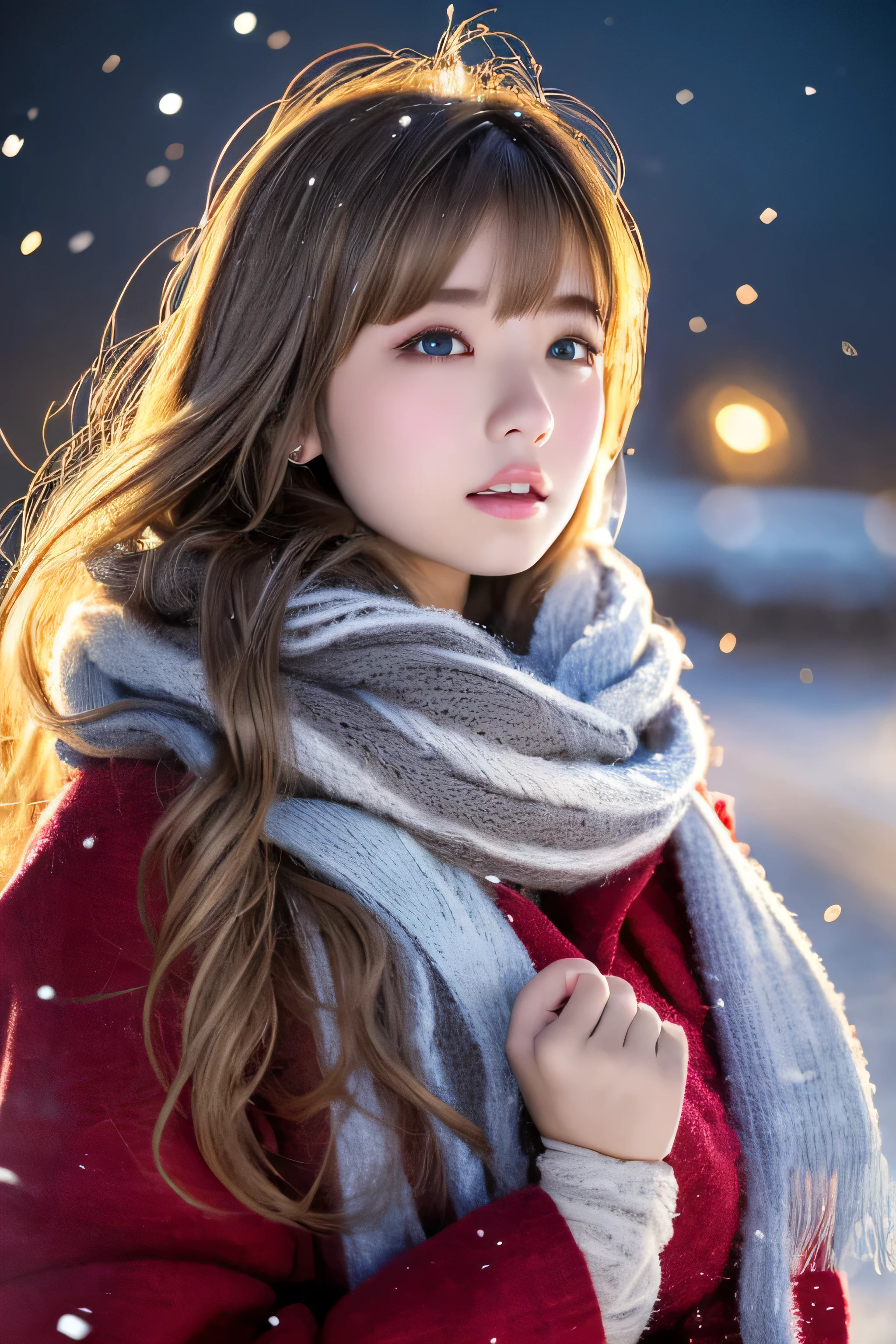((hair blowing in the wind、No makeup:1.2))、(realistic、Photoreal、super detailed、best detailed skins、highest quality、masterpiece、超A high resolution)、cute russian woman、14 years、high school girl、young girl、1 girl、have bangs、ash blonde:1.7、double eyelid、drooling eyes、Japanese style face、purity、realistic skin type、thick muffler、Gray muffler、fluffy hair、((There's hair in the scarf:1.3))、red cheeks、The wind is blowing、It's snowing、night、illumination、lighting from behind、hair blowing in the wind