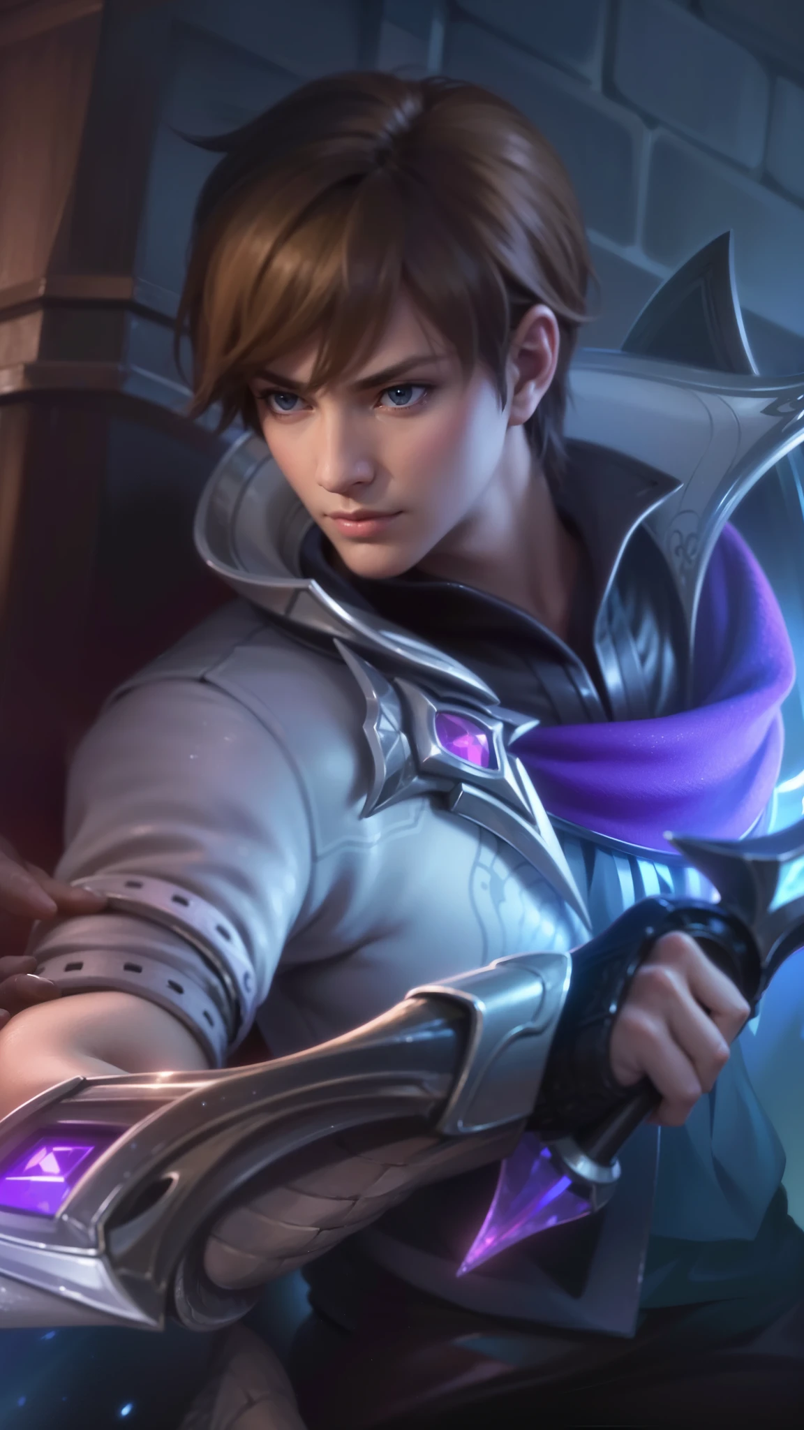 a close up of a boy holding a sword in a room, masterpiece, ((perfect eyes)) best quality, (semirealism:1.9), beautiful lighting, (extremely detailed CG unity 4k fhd wallpaper), High Detail, Sharp focus, dramatic outdoors, 1 boy ,19 years old, light blue eyes, 8k, ultra hd, ultra detailed texture, hyper realistic, masterpiece, detailed texture, detailed face, detailed skin, detailed lighting, (photorealistic:1.5), best quality, beautiful lighting, cinematic lighting, professional lighting, ultra highres, realistic, detailed hair, real hair, high quality, (realskin:1.5), extremely detailed, finely detail, ultra-detailed, glare.