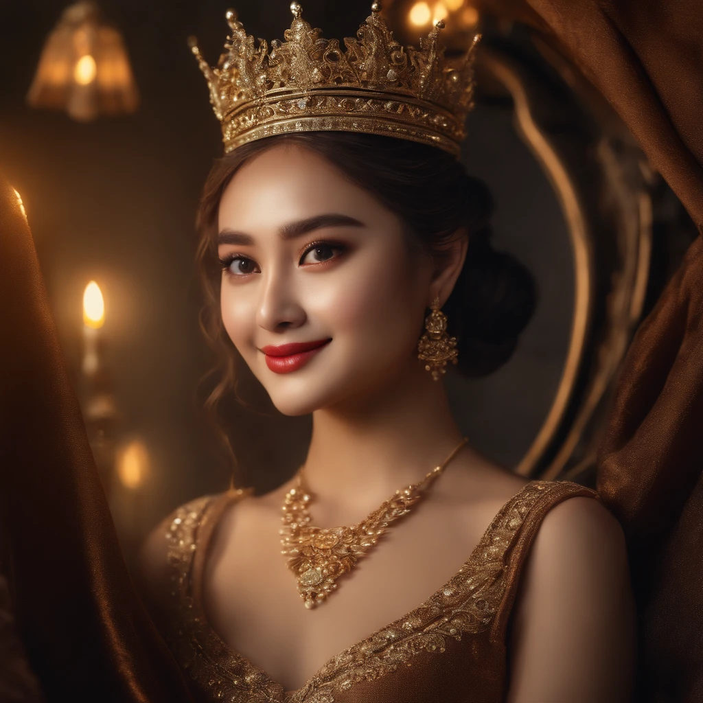 (8k, RAW photo, best quality, masterpiece:1.2), (realistic, photo-realistic:1.37), ultra-detailed, ultra high res, twtzuyu, 1 girl,looking at viewer,smile, ((wear crown on head)), queen, beautiful detailed eyes, (floating hair), detailed clothes, skin texture, cinematic lighting, professional lighting,