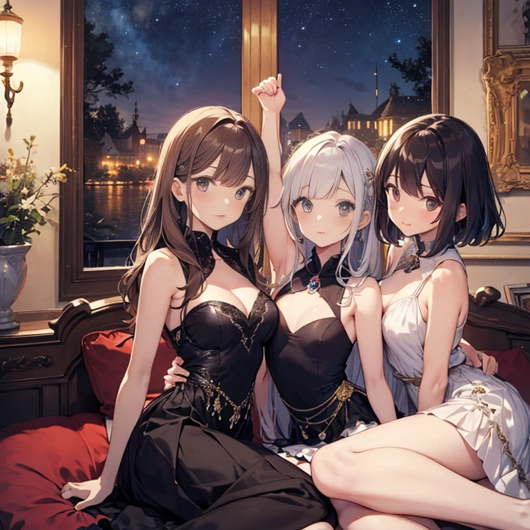 A group of young princesses, (in bedroom), various hair styles, harem, wearing royal dress, night, details face, , short skirt, seducing, sleeveless , showing armpits, night, starry night