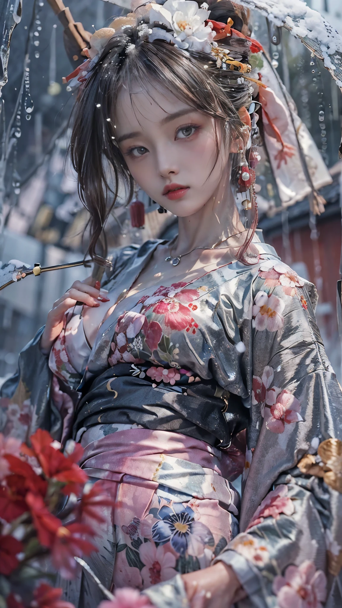 ((Low angle shooting:1.5)), (Photoreal:1.3, 8K, highest quality, masterpiece, ultra high resolution), ((heavy snow)), perfect dynamic composition:1.2, (In front of a shrine at night in a modern city, expression of sadness:0.9, Tears are flowing:0.9, cry with a broken heart:0.9), Highly detailed skin and facial textures:1.2, Slim office lady wet in the rain:1.3, Fair skin:1.2, sexy beauty:1.1, perfect style:1.2, beautiful and aesthetic:1.1, very beautiful face:1.2, water droplets on the skin, (rain drips all over my body:1.2, wet body:1.2, wet hair:1.3), (Professional kimono dressing:1.1, Holding a wet bouquet:1.2, Wearing a wet silver kimono correctly:1.35), (Medium chest, Bra see-through, Chest gap), (Big eyes that exude beautiful eroticism:0.8, Lips that exude beautiful eroticism:0.8), (Too erotic:0.9, Bewitching:0.9), necklace, earrings, bracelet