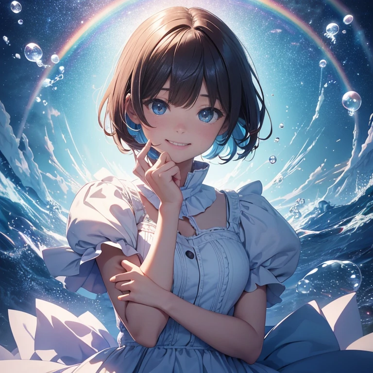 3D illustration、clear eyes、Strong heart、official art, unそれy 8k wallpaper, Super detailed, beautiful and aesthetic, high qualそれy, beautiful, masterpiece, highest quality,girl、Rimsoreed Palette, short hair, Blow bubbles all around、smile、Rainbow after rain