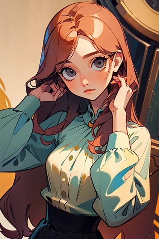 (best quality, masterpiece, detailed), 1 woman, short blouse, honey hair, long straight hair, gray eyes, hand on hair
