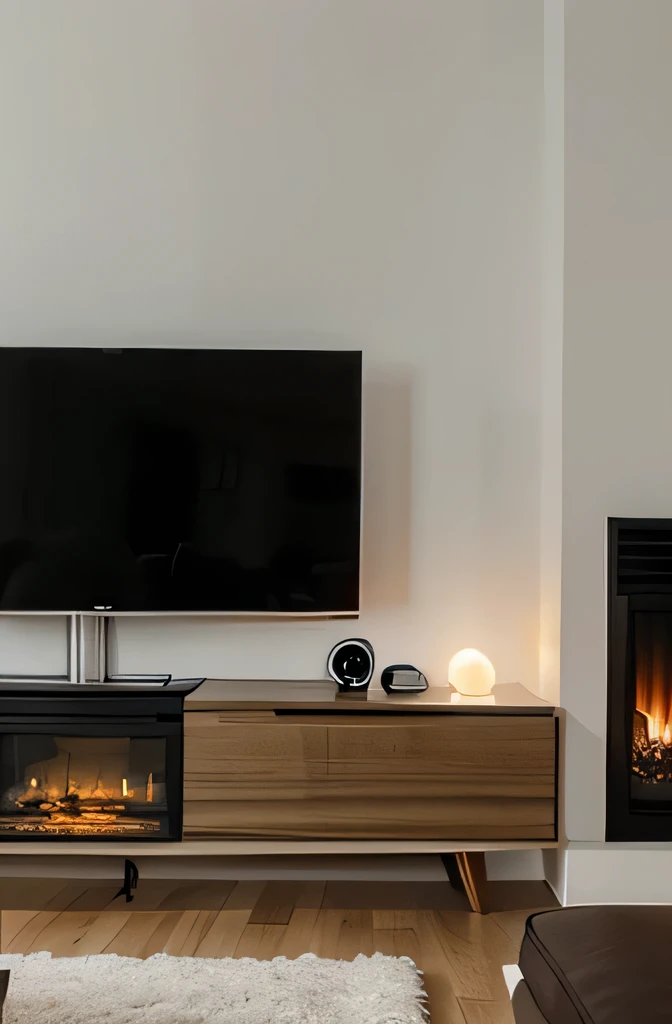 minimalist japardi living room with fireplace wall mouted and tv set, sofa