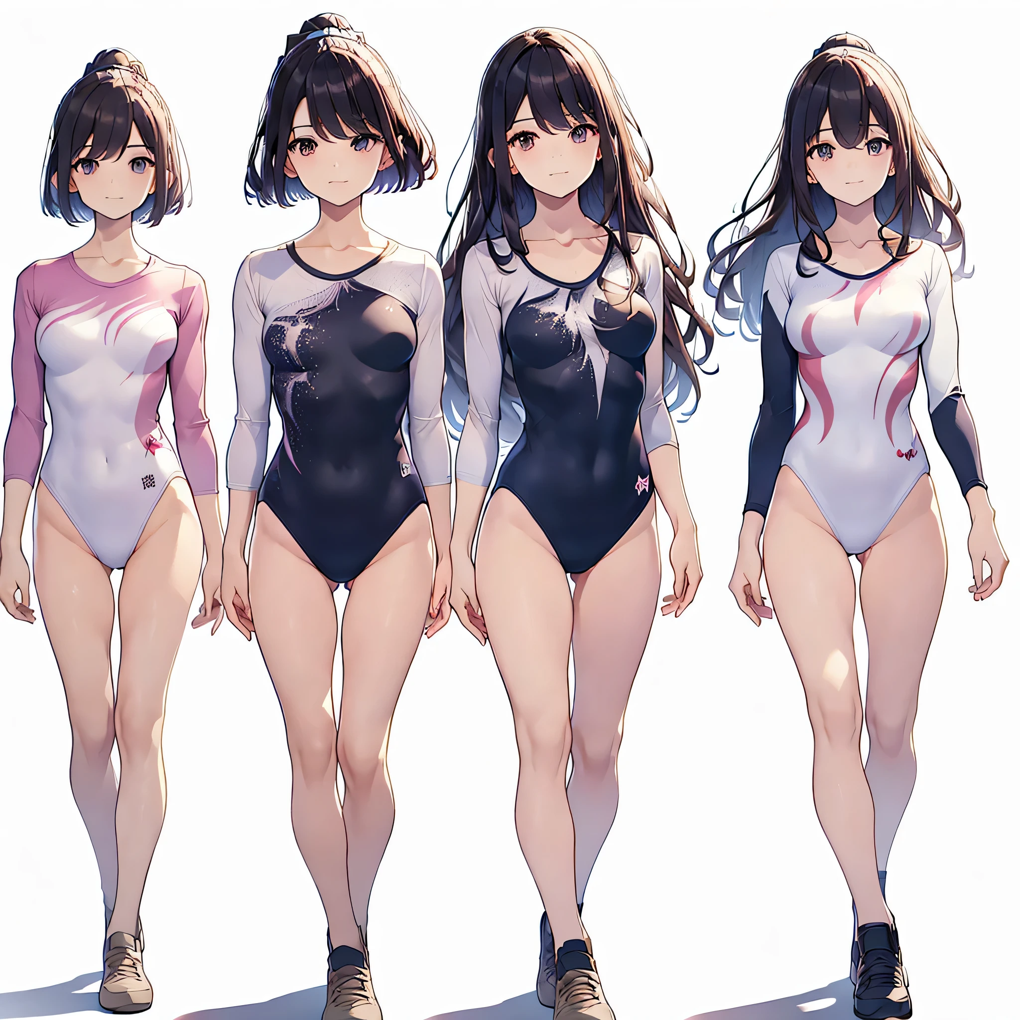 ((full body)),(masterpiece, best quality), (2 girls1.5) ,((Contrapposto:1.5)), looking at viewer, walking,((v_arms:1.2)), (wearing gymnastics_longsleeves_leotard_outfit leotard:1.3),(simple leotard:1.3),(pink leotard) ,,{{wearing gym suit:1.3 }}, BREAK masterpiece black hair, ((long hair:1.2)), ((parted bangs:1.3)), black eyes, good hand, ((small breasts)), (over 20 years old, under 25 years old:1.2), , spotlight, happy, smile, BREAK white background