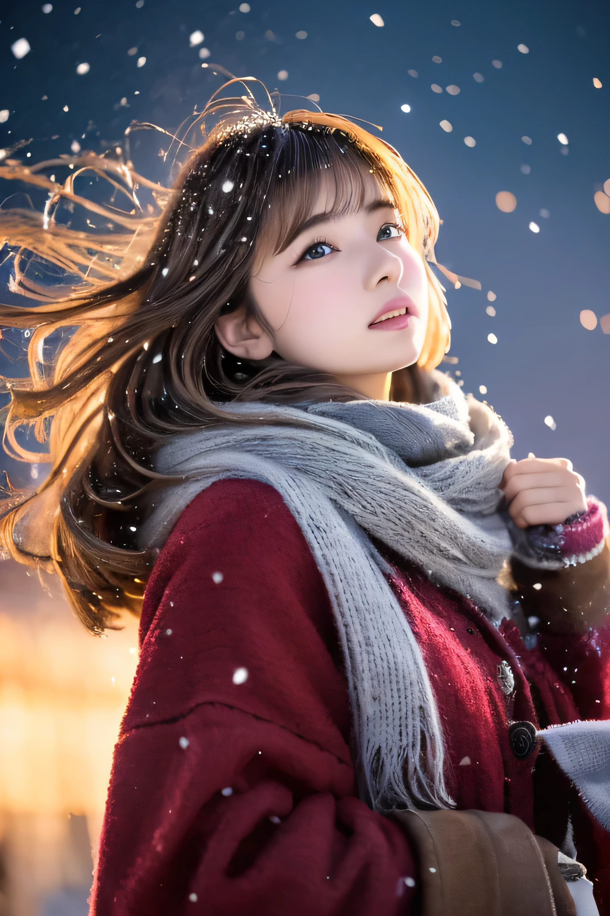((hair blowing in the wind、No makeup:1.2))、(realistic、Photoreal、super detailed、best detailed skins、highest quality、masterpiece、超A high resolution)、cute russian woman、14 years、high school girl、young girl、1 girl、have bangs、ash blonde:1.7、double eyelid、drooling eyes、Japanese style face、purity、realistic skin type、thick muffler、Gray muffler、fluffy hair、((There's hair in the scarf:1.3))、red cheeks、The wind is blowing、It's snowing、night、illumination、lighting from behind、hair blowing in the wind