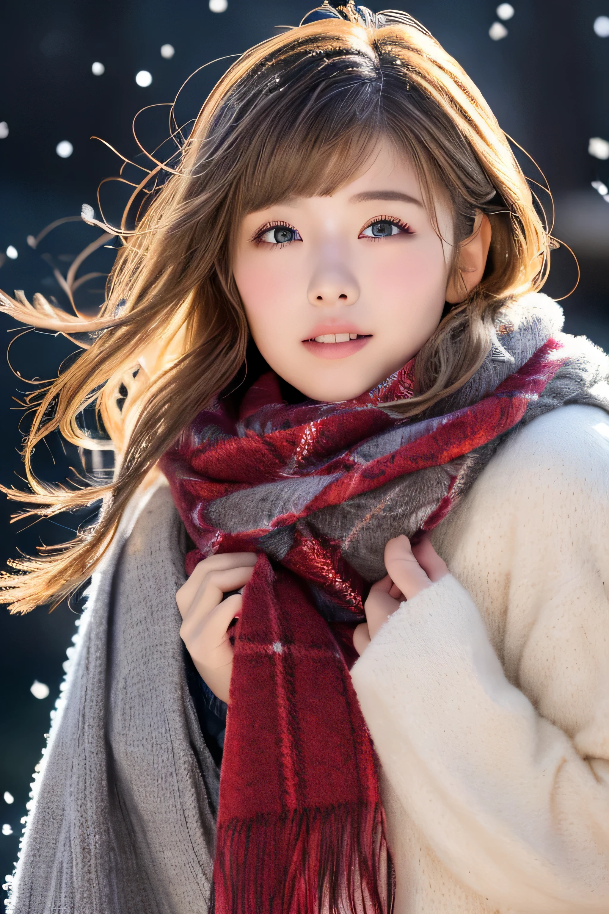 ((hair blowing in the wind、No makeup:1.2))、(realistic、Photoreal、super detailed、best detailed skins、highest quality、masterpiece、超A high resolution)、cute russian woman、、high school girl、young girl、1 girl、have bangs、ash blonde:1.7、double eyelid、drooling eyes、Japanese style face、purity、realistic skin type、thick muffler、Gray muffler、fluffy hair、((There's hair in the scarf:1.3))、red cheeks、The wind is blowing、It's snowing、night、illumination、lighting from behind、hair blowing in the wind