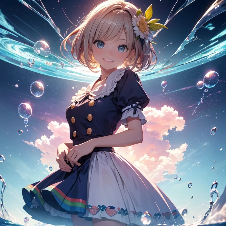 3D illustration、clear eyes、Strong heart、official art, unそれy 8k wallpaper, Super detailed, beautiful and aesthetic, high qualそれy, beautiful, masterpiece, highest quality,girl、Rimsoreed Palette, short hair, Blow bubbles all around、smile、Rainbow after rain、one piece